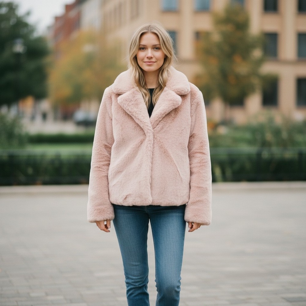 J.2 Women Blush Pink Faux Fur Jacket Notched Lapel Snap Front Coat XS
